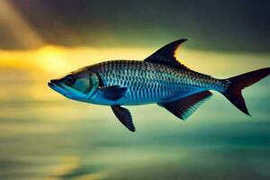 un pescado es volador terminado el agua a puesta de sol. generado por ai foto