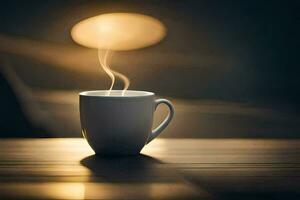a cup of coffee on a table with a light. AI-Generated photo
