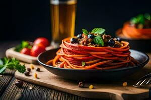 spaghetti with meat and vegetables in a bowl. AI-Generated photo
