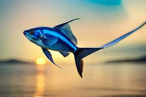 a fish flying over the ocean at sunset. AI-Generated photo