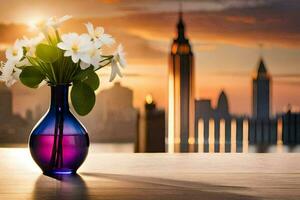 flowers in a vase on a table with a city skyline in the background. AI-Generated photo