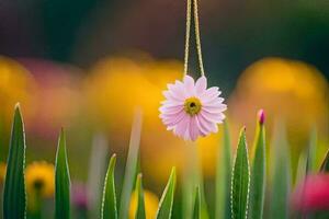 a pink flower hanging from a string in a field. AI-Generated photo