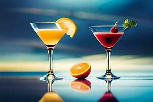 two cocktails with fruit and a slice of orange. AI-Generated photo