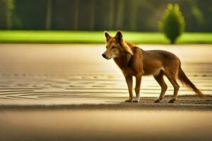 a dog standing on a sandy beach with a tree in the background. AI-Generated photo