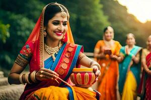 indian women in colorful saris holding a pot. AI-Generated photo