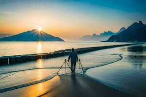 un hombre caminando en el playa a puesta de sol. generado por ai foto