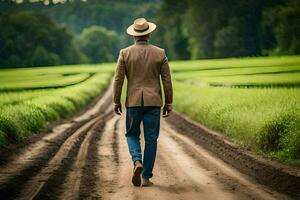 un hombre en un sombrero camina abajo un suciedad la carretera. generado por ai foto