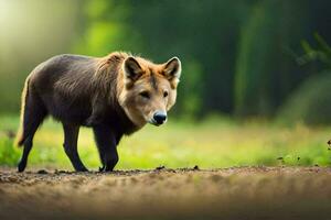 a brown wolf is walking on the dirt road. AI-Generated photo