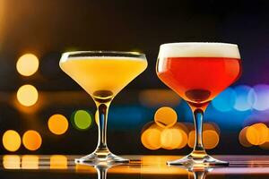 two glasses of different colored drinks on a table. AI-Generated photo