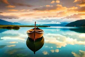 un barco es flotante en el calma agua a puesta de sol. generado por ai foto