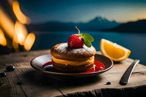 a dessert on a plate with a lemon slice. AI-Generated photo