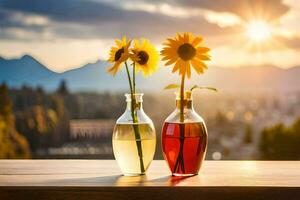 sunflowers in a vase with a sunset. AI-Generated photo