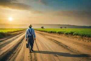 a man walking down a dirt road with cane in hand. AI-Generated photo