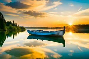 un barco es flotante en un lago a puesta de sol. generado por ai foto