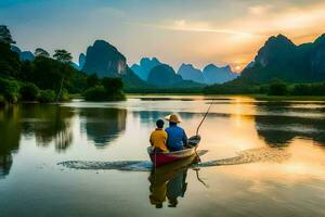 dos personas en un barco en el río con montañas en el antecedentes. generado por ai foto