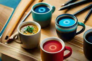 a group of four colorful mugs on a wooden tray. AI-Generated photo