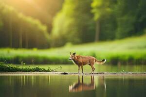 a fox standing on the shore of a lake. AI-Generated photo