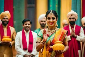 un novia en tradicional indio atuendo participación un amarillo maceta. generado por ai foto