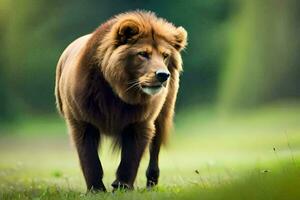 un león caminando en el césped. generado por ai foto