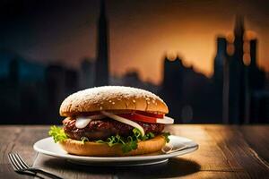 a hamburger on a plate with a cityscape in the background. AI-Generated photo