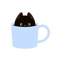 pequeño negro kawaii gatito sentado en un taza de café vector
