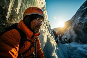 Ice axes in hand climber strategizes route up glacial waterfall photo