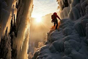 Athlete enduring brutal cold scaling the harsh crystalline ice waterfall photo