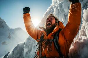 Exultant climber celebrates successful ascent atop a towering frozen waterfall photo