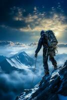 Determined climber reaching icy peak background with empty space for text photo