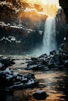 Sunlight reflecting off icy waterfall background with empty space for text photo