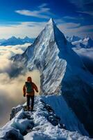 Determined climber reaching icy peak background with empty space for text photo