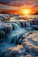 Frozen waterfall landscape at sunrise background with empty space for text photo