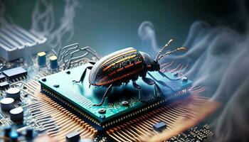 Beetle attacks and destroys electronics. Concept of computer virus and malicious software code. AI generative. photo