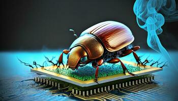 Beetle attacks and destroys electronics. Concept of computer virus and malicious software code. AI generative. photo