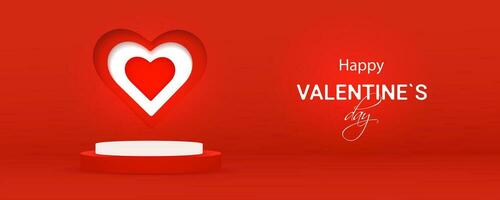 San Valentín día contento fiesta banner.vector rojo 3d podio papel cortar con corazón para modelo descuentos con un tema de amor concepto para San Valentín día. resumen venta.geométrica San Valentín día. vector