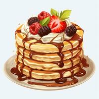 Fresh golden pancakes with cream and chocolate photo