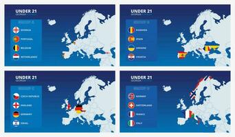 mapa de Europa con marcado mapas de países participativo en el menores de 21 años europeo fútbol americano torneo 2023 ordenado por grupos vector