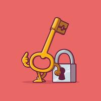 Key character leaning on a lock vector illustration. Mascot, privacy, protection design concept.