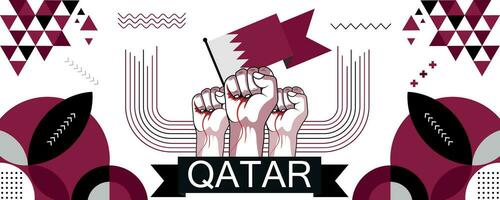 Qatar national or independence day banner design for country celebration. Flag and map of Qatar with raised fists. Modern retro design with abstract geometric icons. Vector illustration.