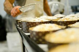 chef producing panettone, while lievitate, adding almond sugar topping to raw sweet bread. photo