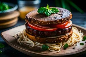 a hamburger with tomato and basil on a plate. AI-Generated photo