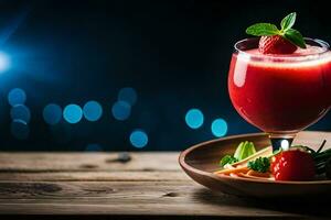 a glass of juice with strawberries and carrots on a wooden table. AI-Generated photo