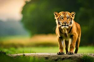 un Tigre caminando a través de un campo. generado por ai foto