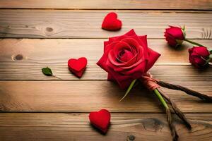 red roses and hearts on a wooden table. AI-Generated photo