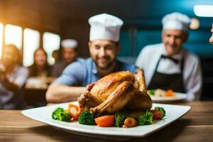 chefs preparing a roasted turkey for a dinner party. AI-Generated photo