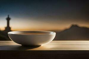 un taza de té en un mesa en frente de un montaña. generado por ai foto