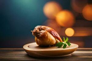 a chicken on a wooden plate with a green leaf. AI-Generated photo