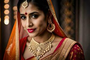 un hermosa indio mujer vistiendo joyería y un sari. generado por ai foto