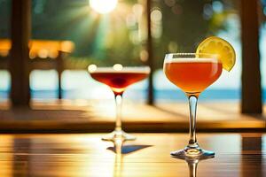 two cocktails sit on a table in front of the sun. AI-Generated photo