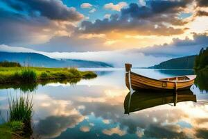 el barco es flotante en el calma lago. generado por ai foto